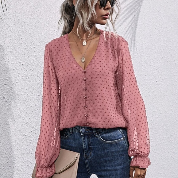 swiss dot v neck button chiffon long sleeve top - Picture 5 of 16